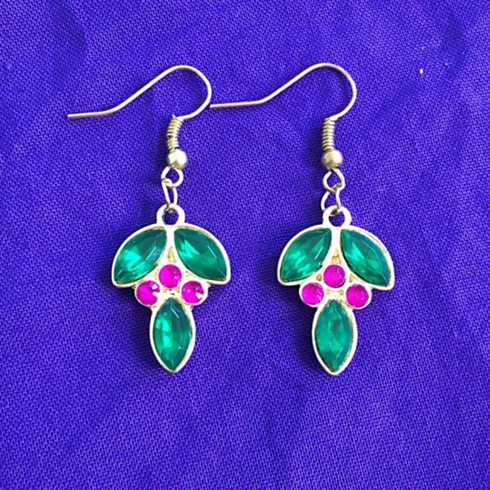Green & Purple Jeweled Gold Tone Dangle Earrings
